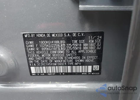 2025 Honda Hr-V 2Wd Sport из США, поврежденный, VIN 3CZRZ1H5XSM736974